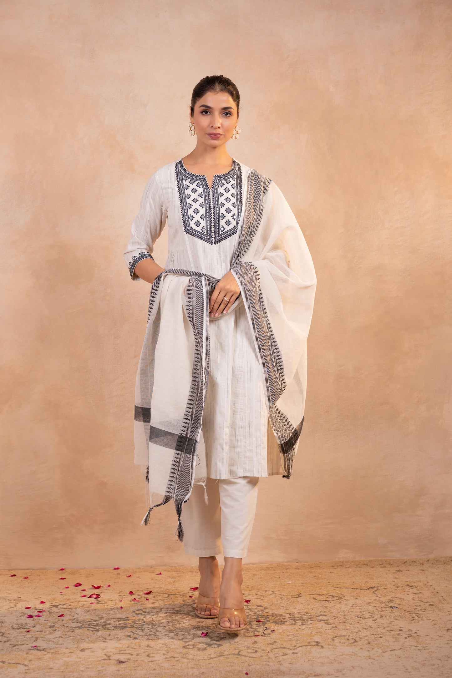 Elegant White Kurta Set with Black Embroidery & Dupatta