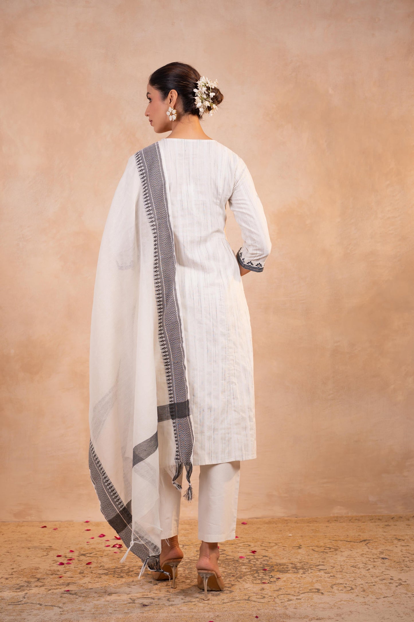 Elegant White Kurta Set with Black Embroidery & Dupatta