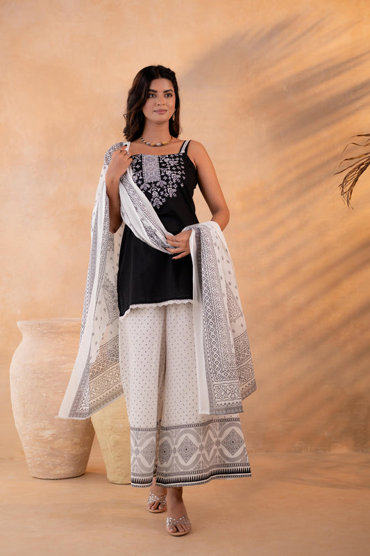 Elegant Black & White Ethnic Kurta Set with White Embroidery