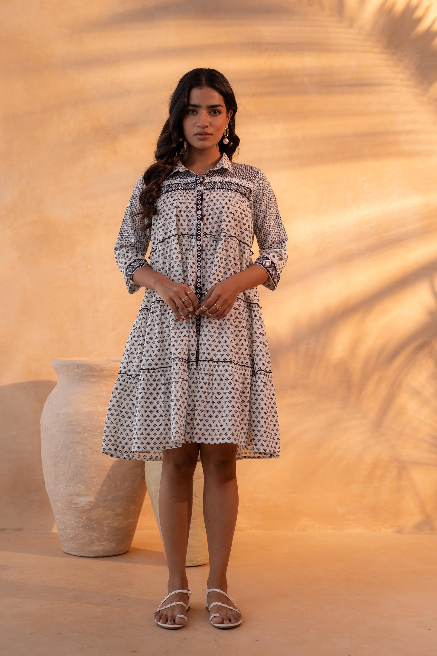 Black & White Geometric Printed Cotton Short Dress