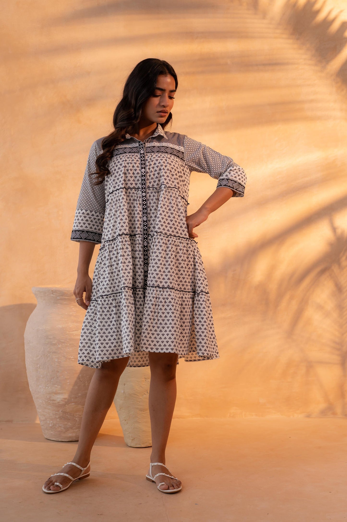 Black & White Geometric Printed Cotton Short Dress