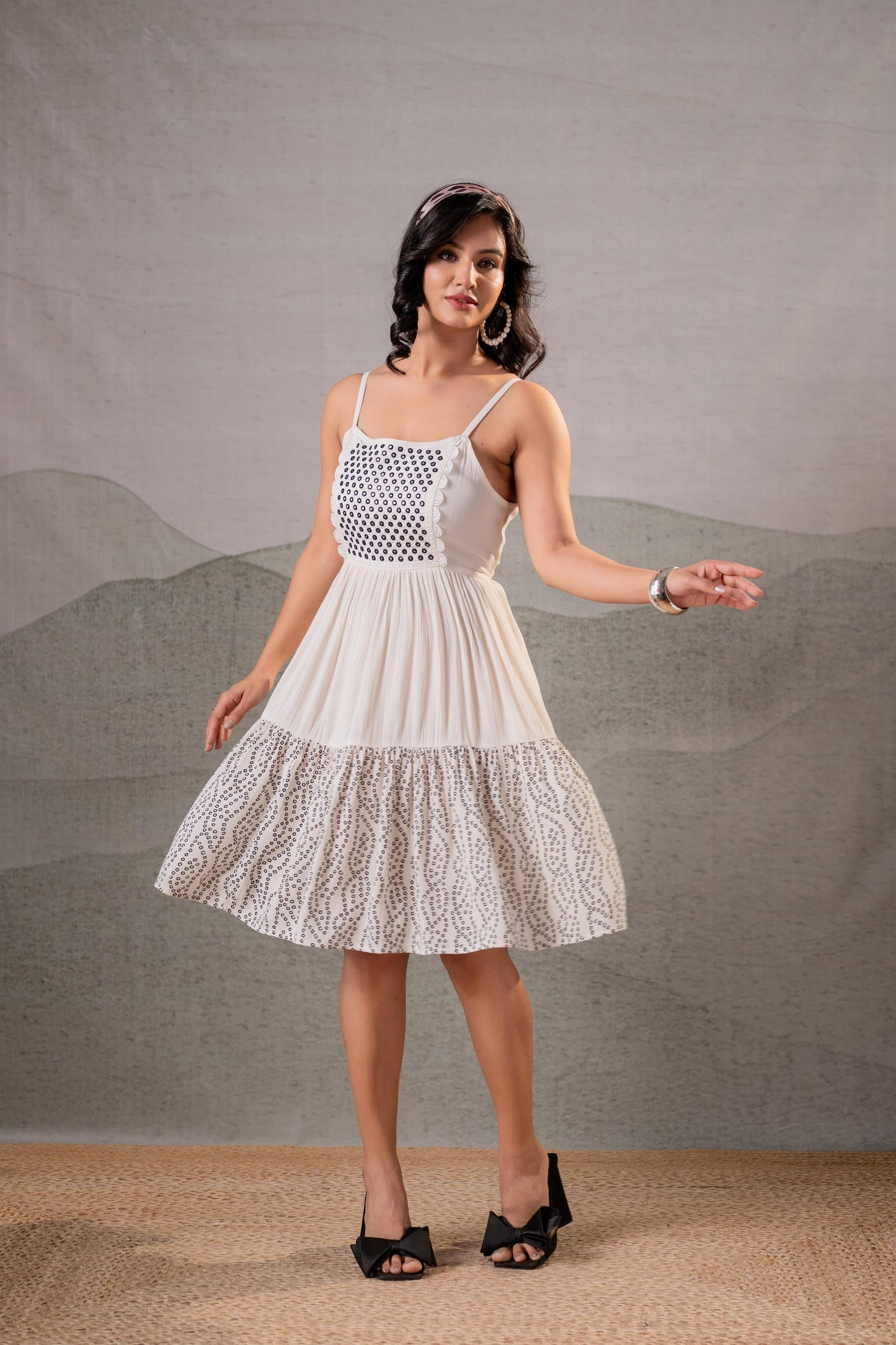 Elegant Black & White Lace Panel Fit & Flare Dress