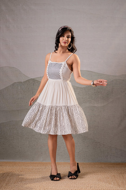 Elegant Black & White Lace Panel Fit & Flare Dress