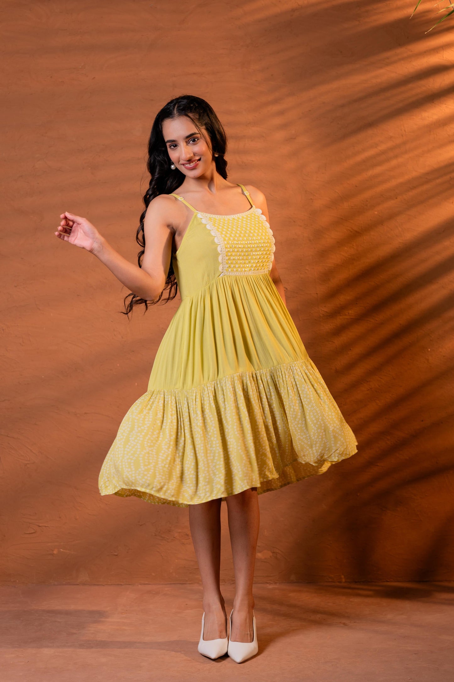 Elegant Lime & White Lace Panel Fit & Flare Dress