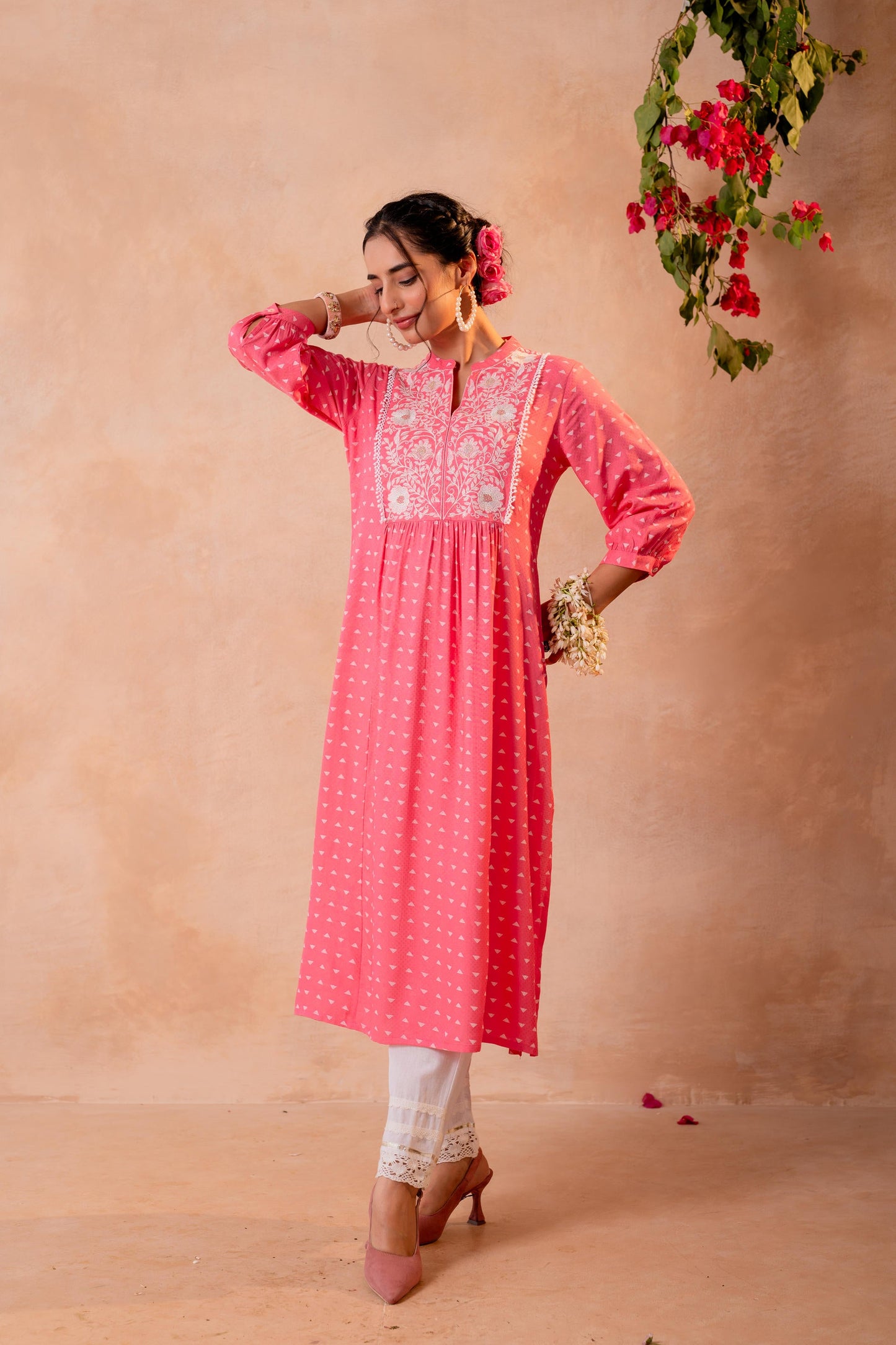 Pink & White Embroidered Panel Kurta