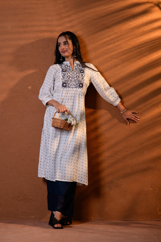 White & Black Embroidered Panel Kurta