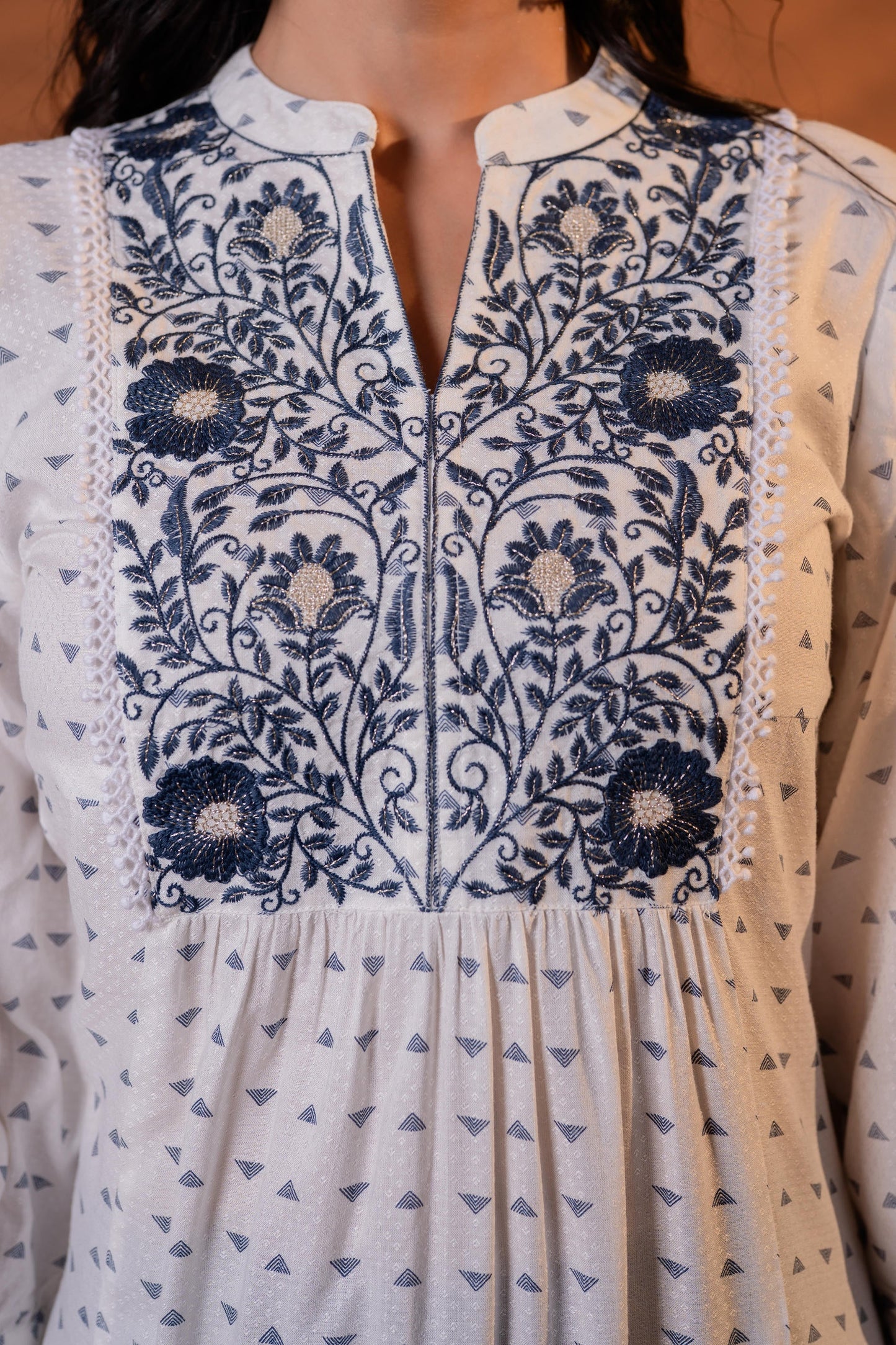 White & Black Embroidered Panel Kurta
