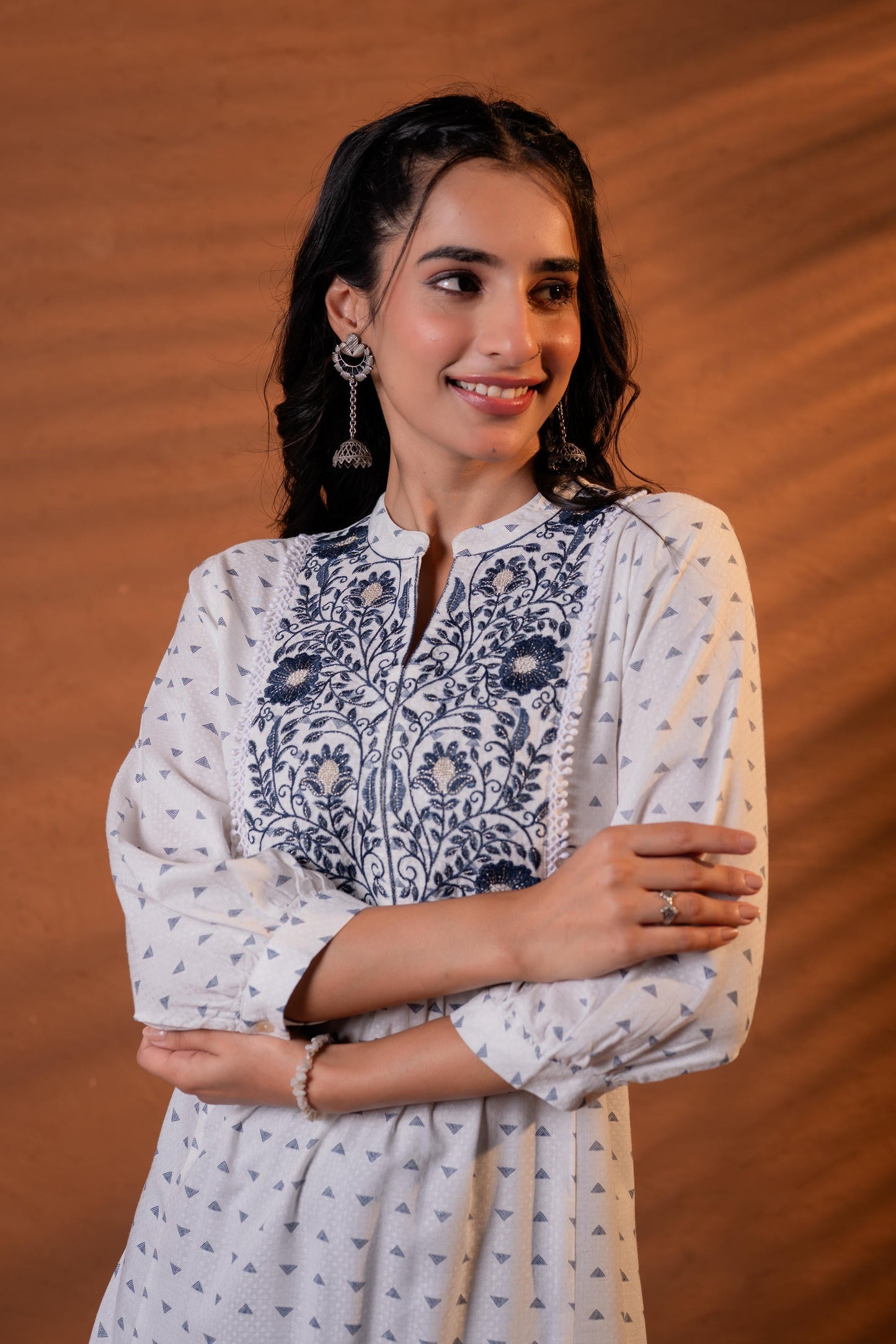 White & Black Embroidered Panel Kurta
