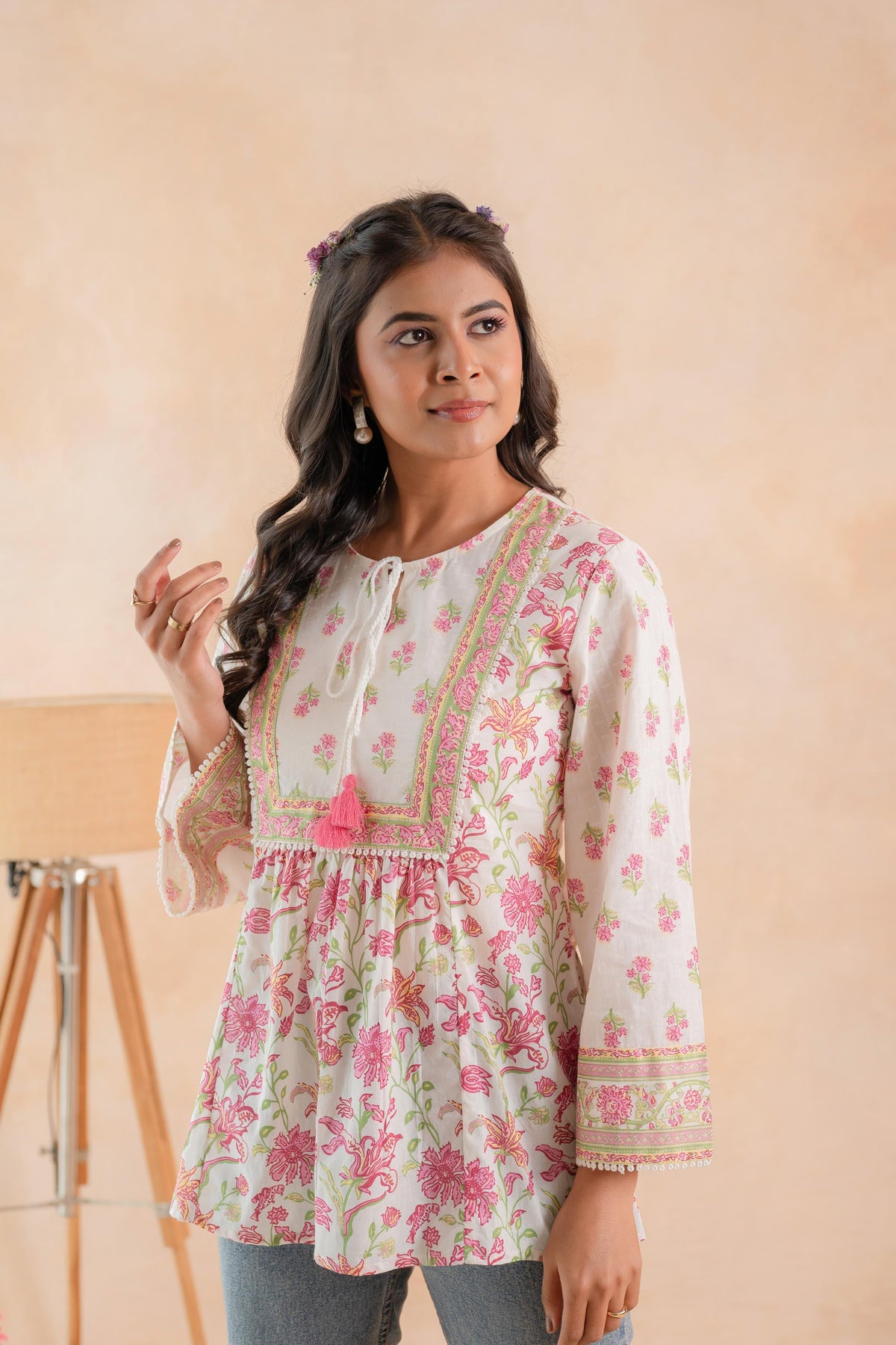 Off-White & Pink Floral Printed Gathered Ethnic Tunic with Lace Yoke