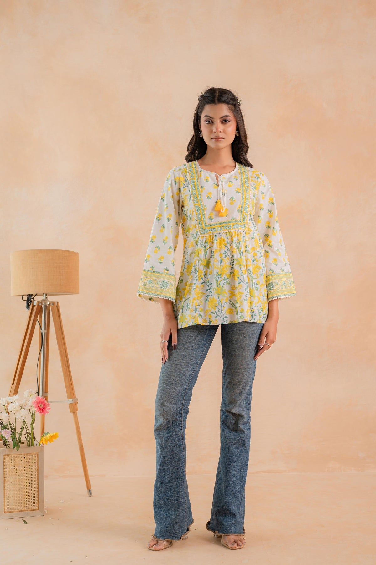 Off-White & Yellow Floral Printed Gathered Ethnic Tunic with Lace Yoke