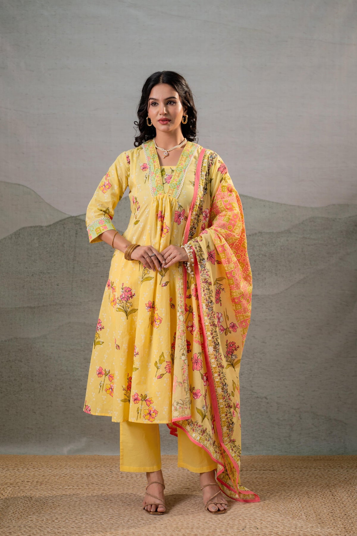 Bloom Veil Floral Anarkali Kurta Pant And Dupatta Set