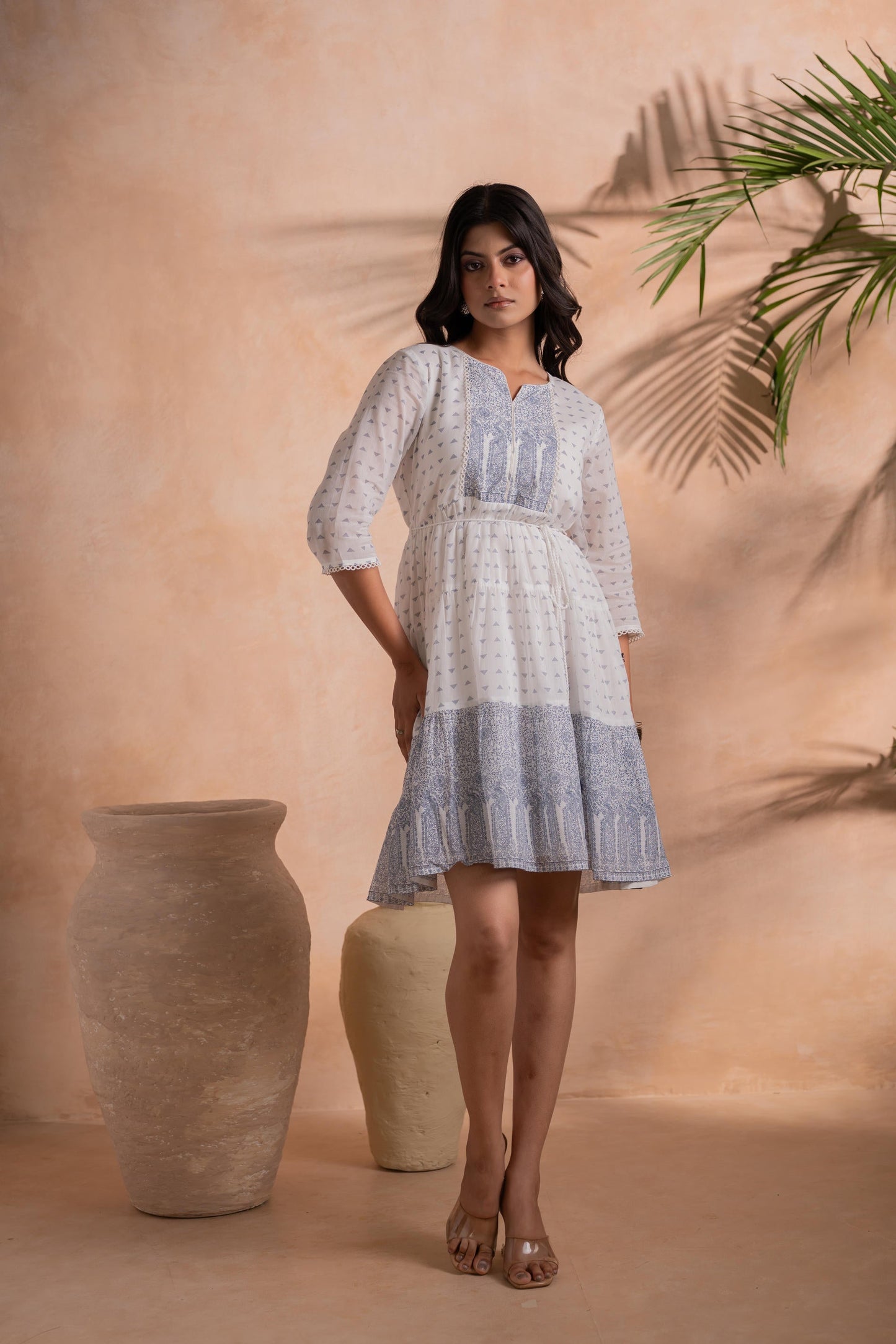 White Printed Tiered Dress with Tassel Detail