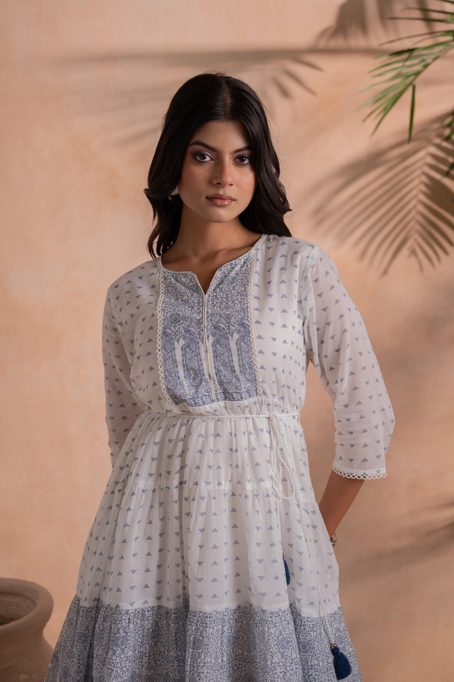 White Printed Tiered Dress with Tassel Detail