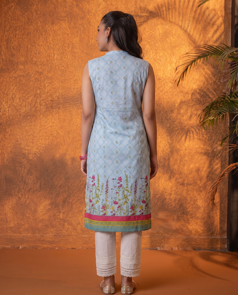 Sky Blue Floral Buti Printed Viscose Kurta