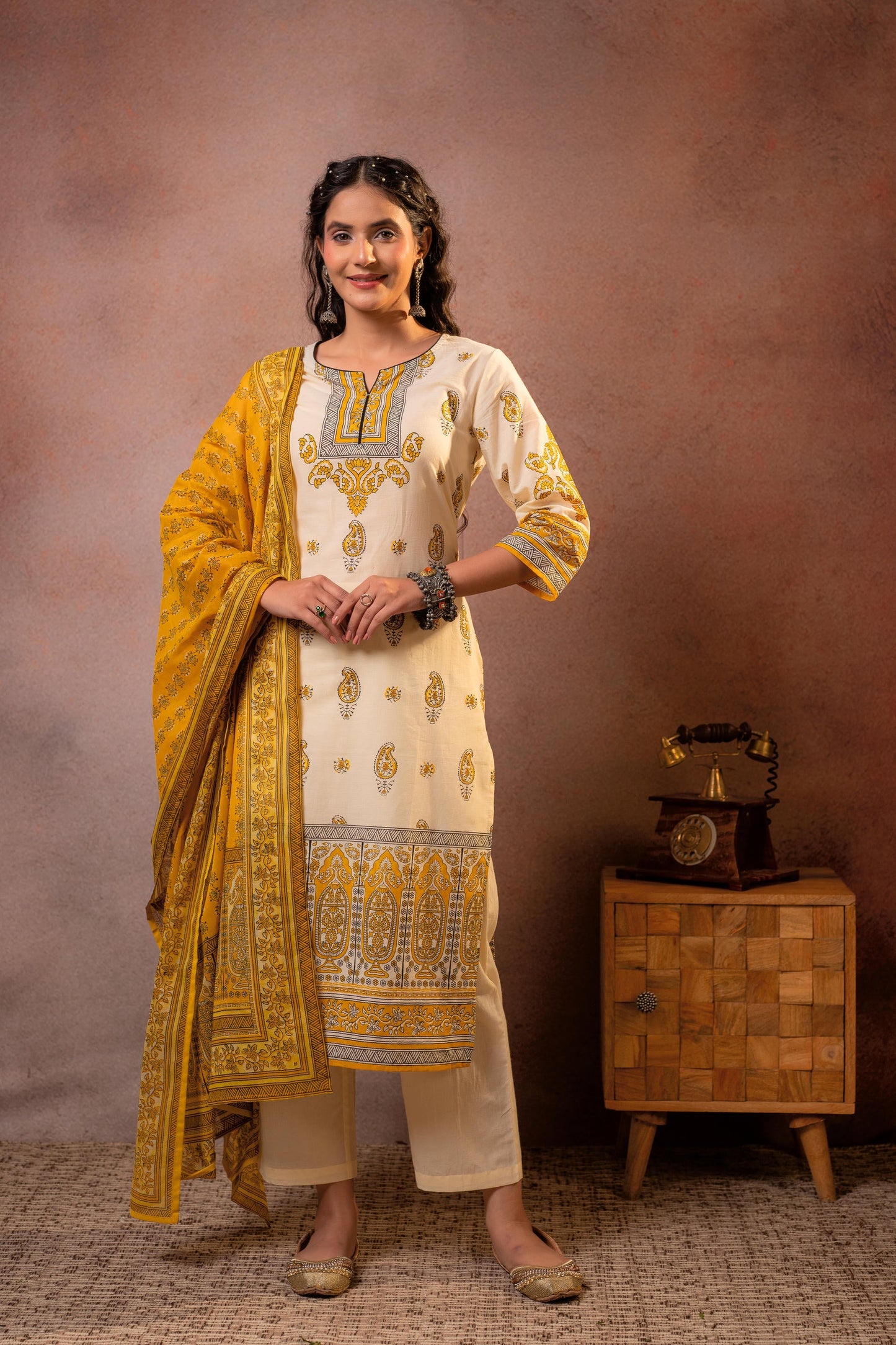 Cream Ethnic Printed Straight Kurta Set with Mustard Dupatta