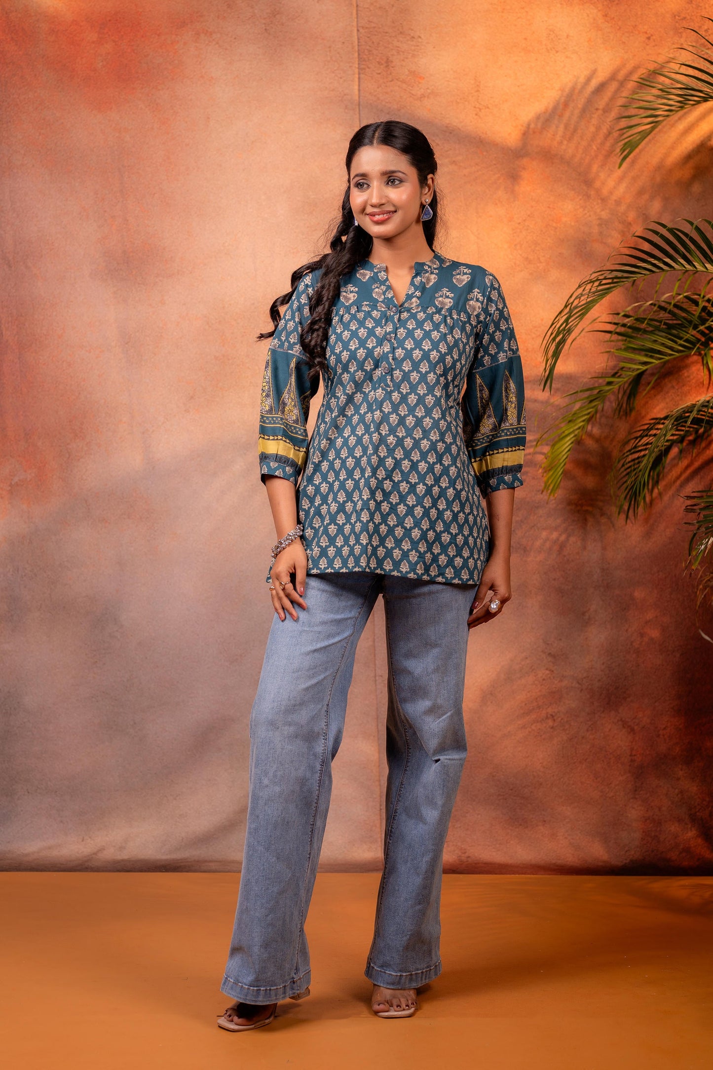 Teal Ethnic Buti Printed Cotton Tunic