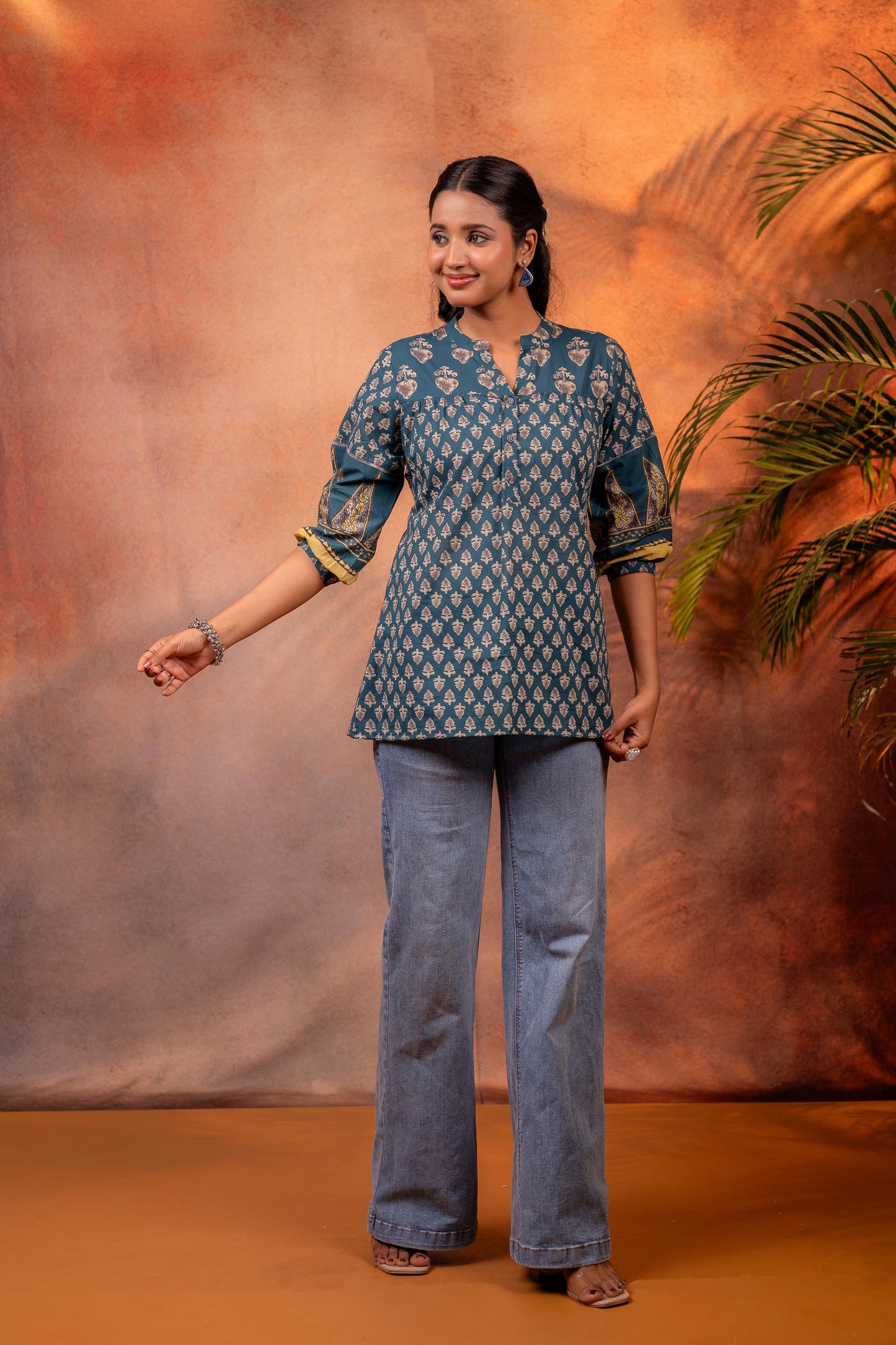 Teal Ethnic Buti Printed Cotton Tunic
