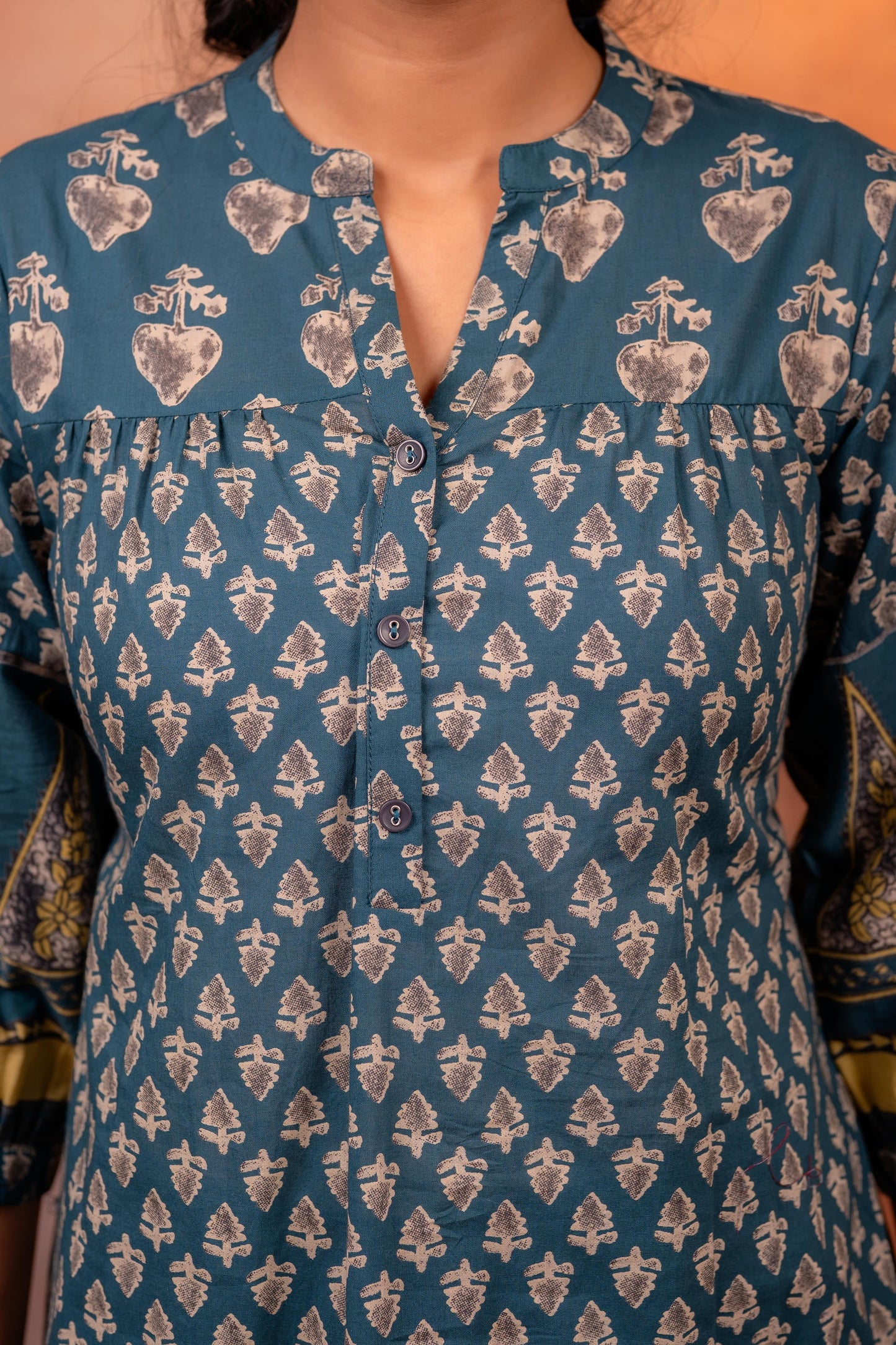 Teal Ethnic Buti Printed Cotton Tunic