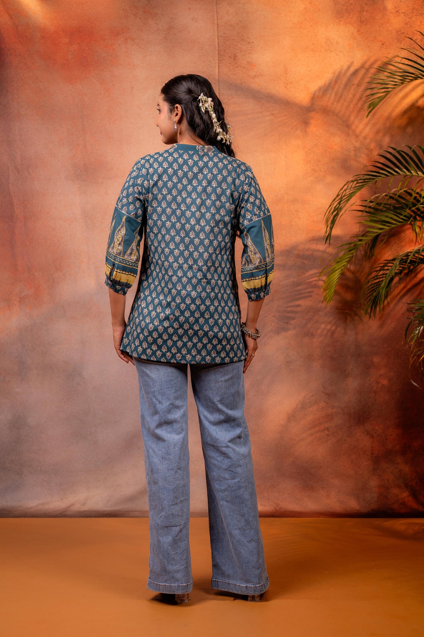 Teal Ethnic Buti Printed Cotton Tunic
