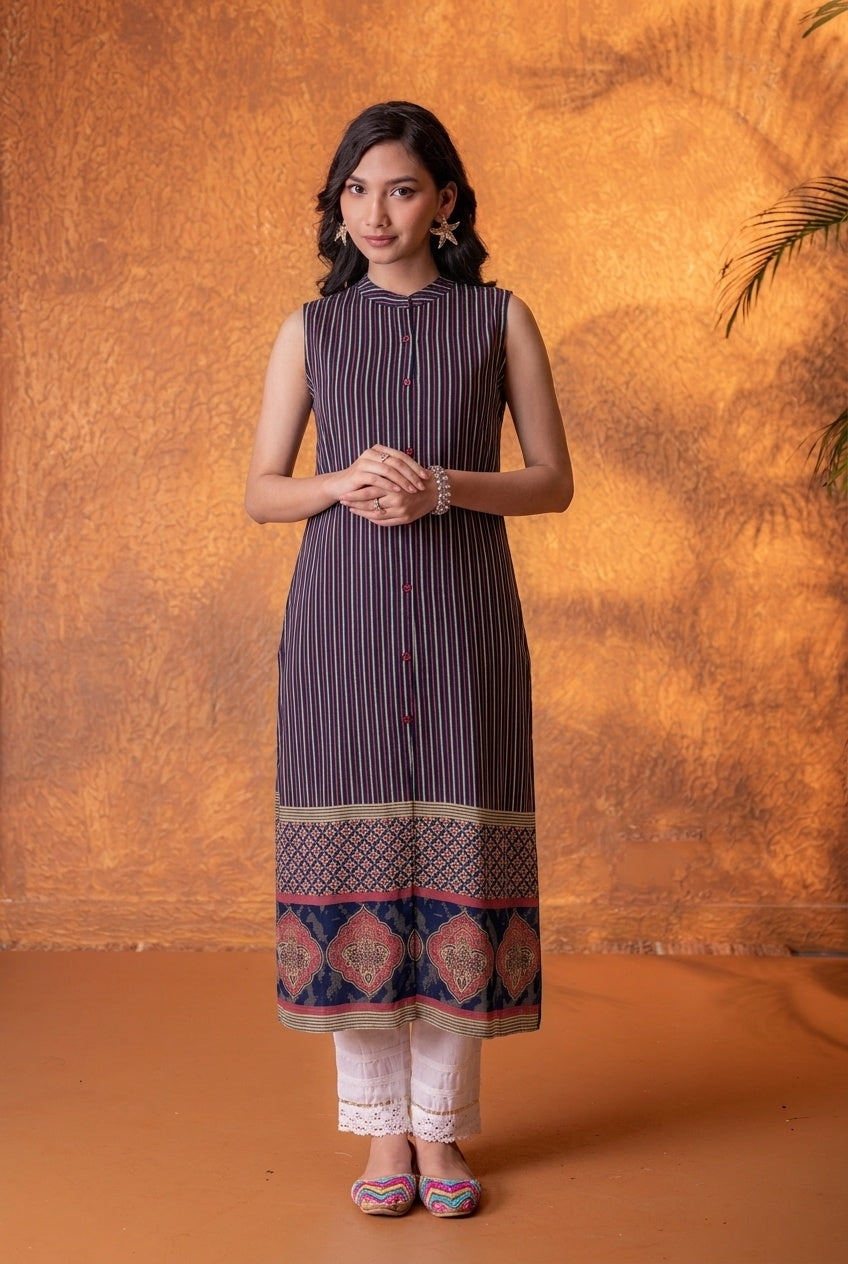 Maroon Heritage Stripe Sleeveless Kurta