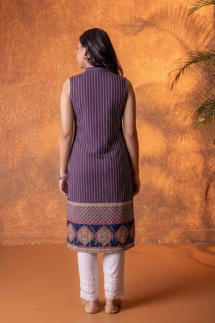 Maroon Heritage Stripe Sleeveless Kurta
