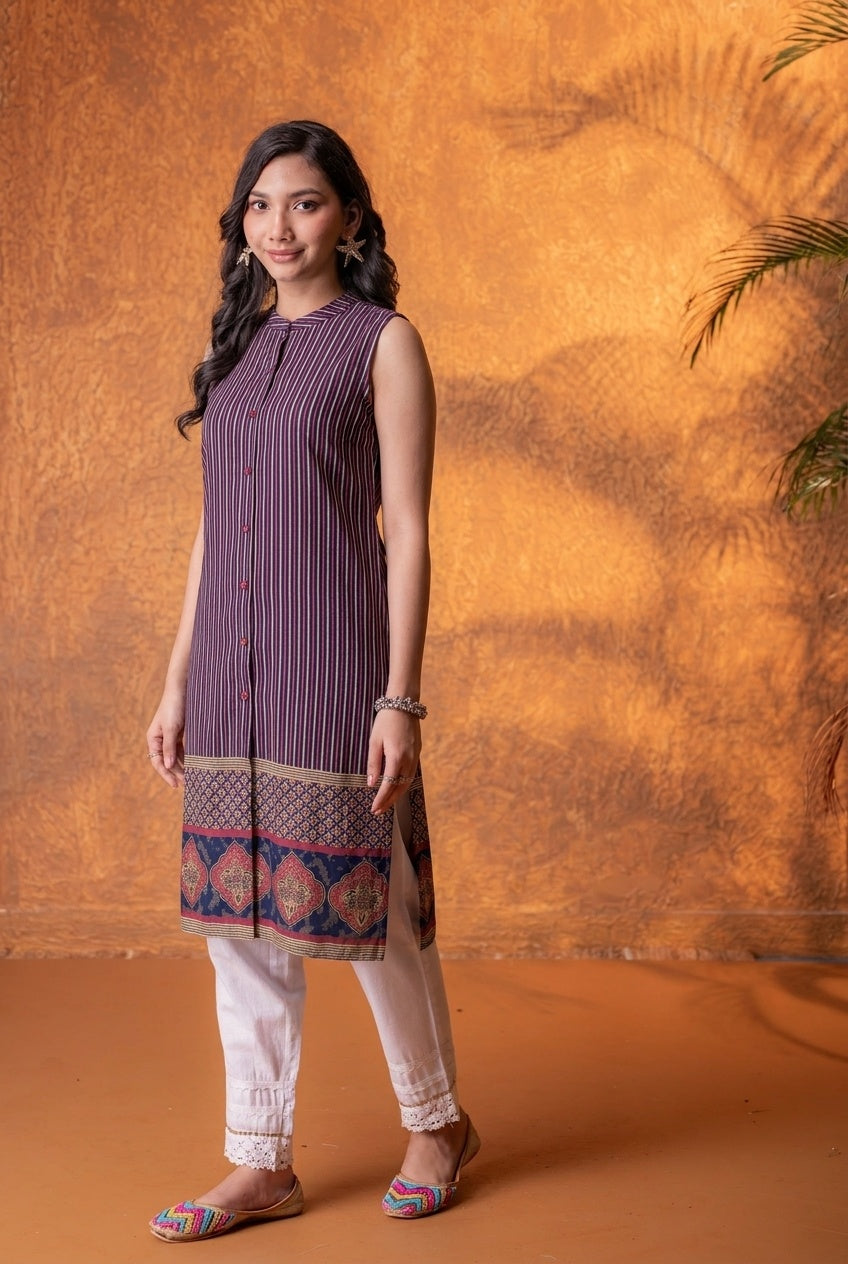 Maroon Heritage Stripe Sleeveless Kurta