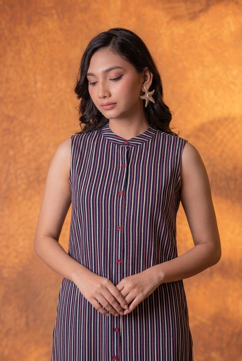 Maroon Heritage Stripe Sleeveless Kurta