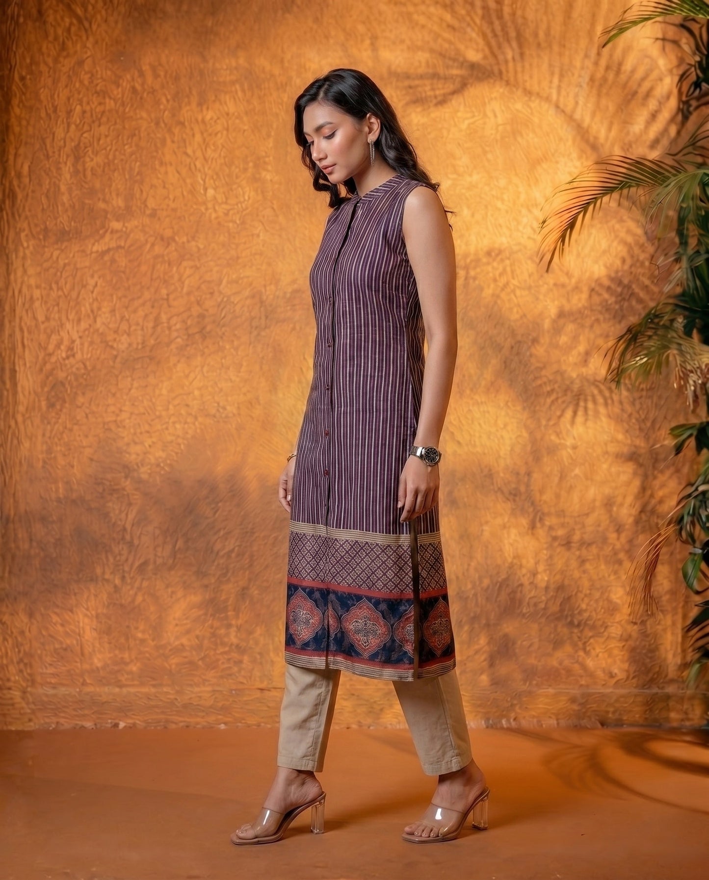 Teal Heritage Stripe Sleeveless Kurta