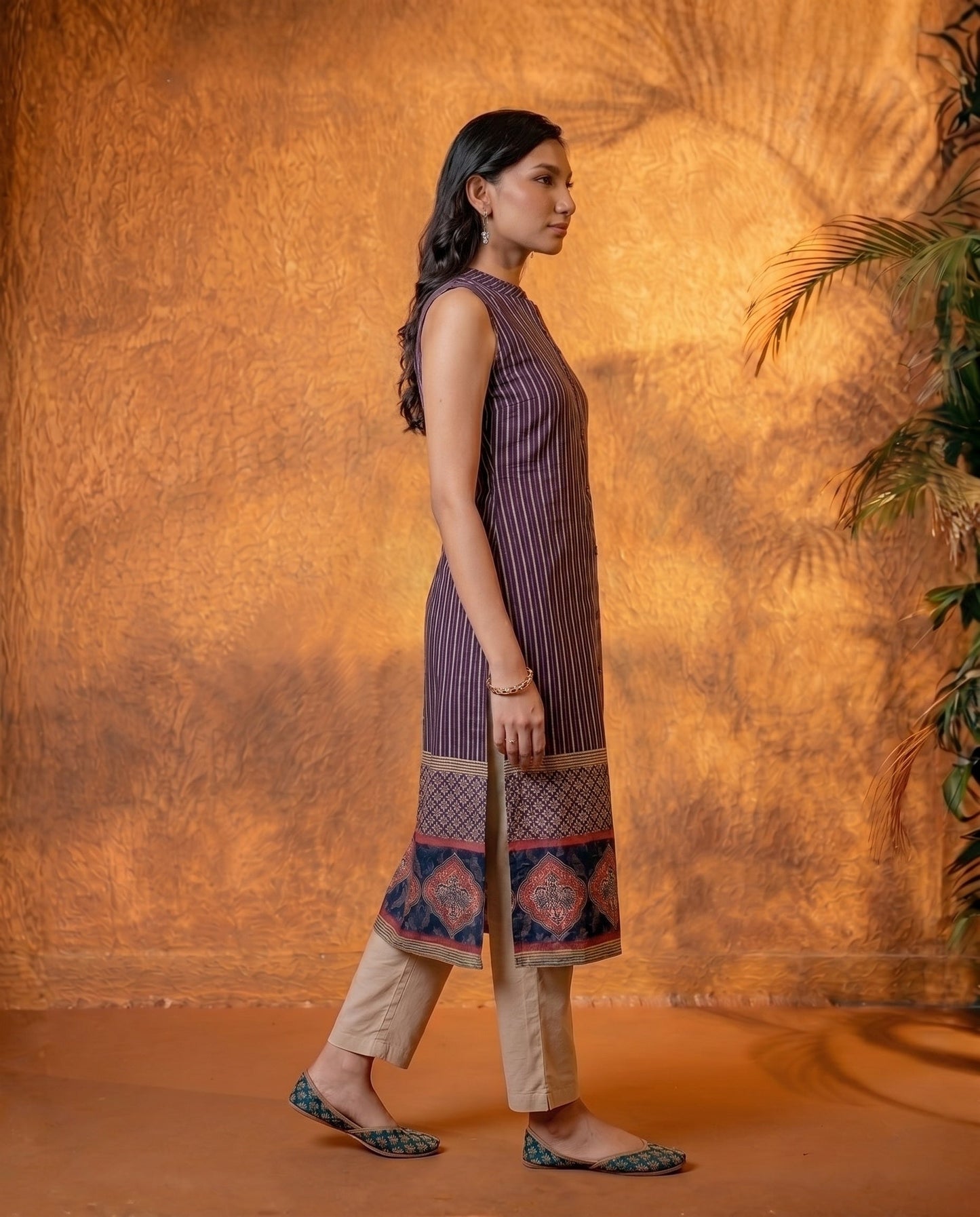 Teal Heritage Stripe Sleeveless Kurta