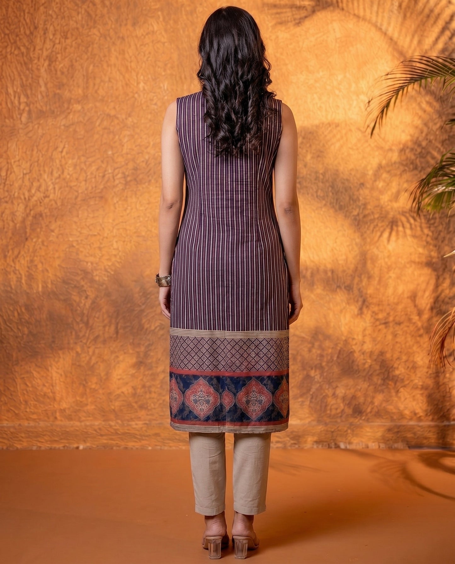 Teal Heritage Stripe Sleeveless Kurta