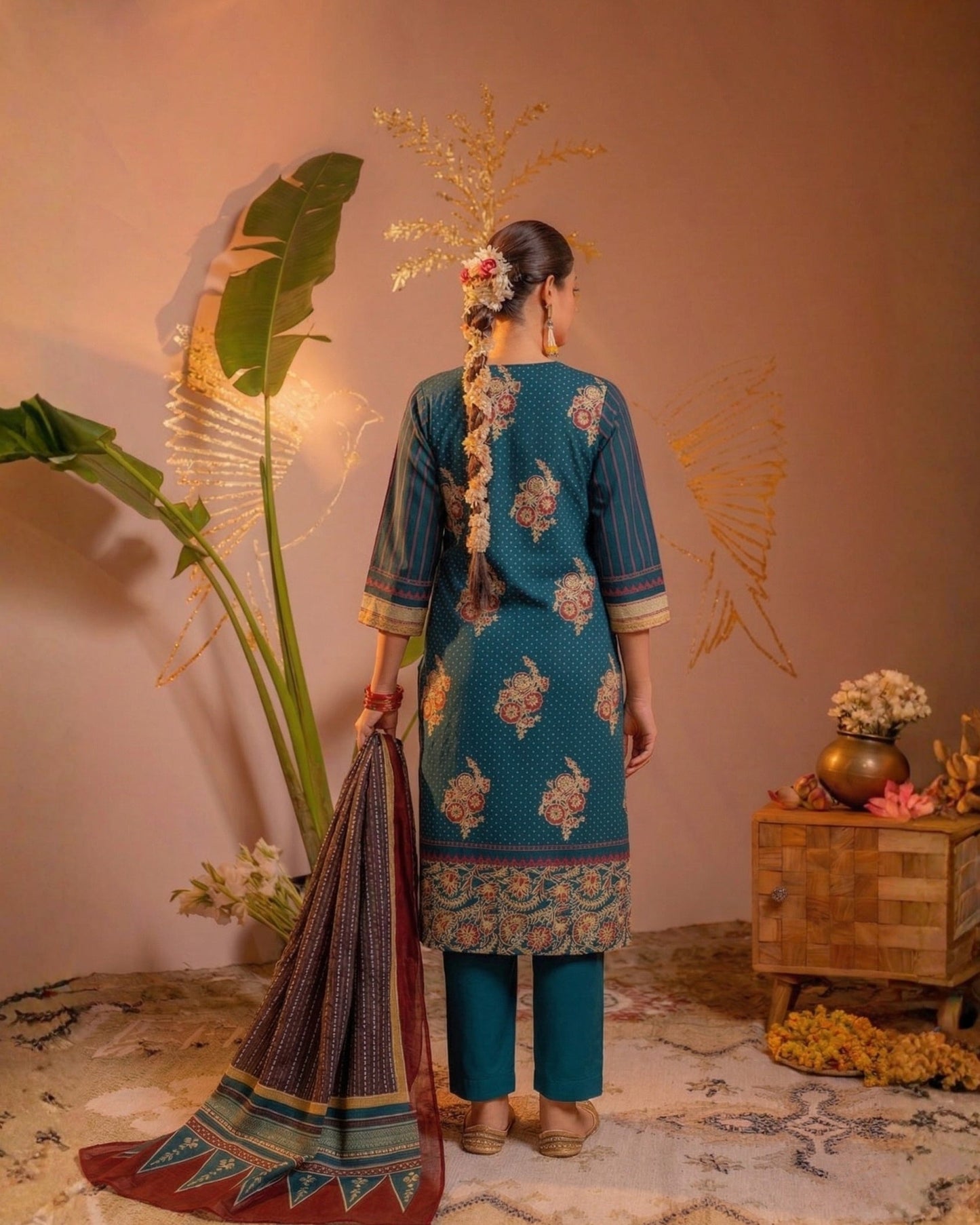 Teal Floral Printed Straight Kurta Set with Striped Dupatta
