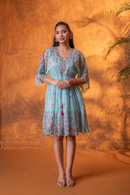 Blue Floral Printed Tiered Short Dress