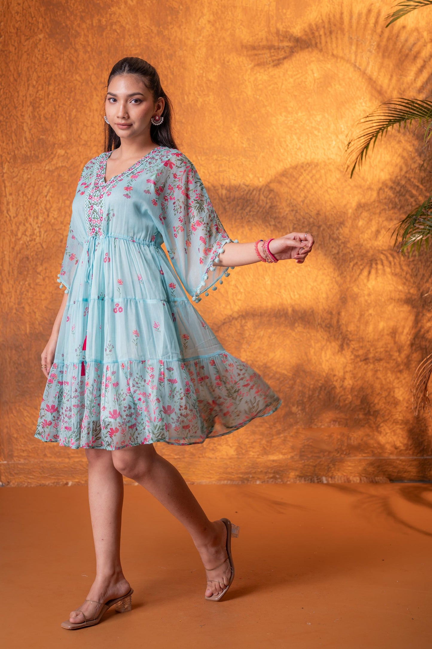 Blue Floral Printed Tiered Short Dress