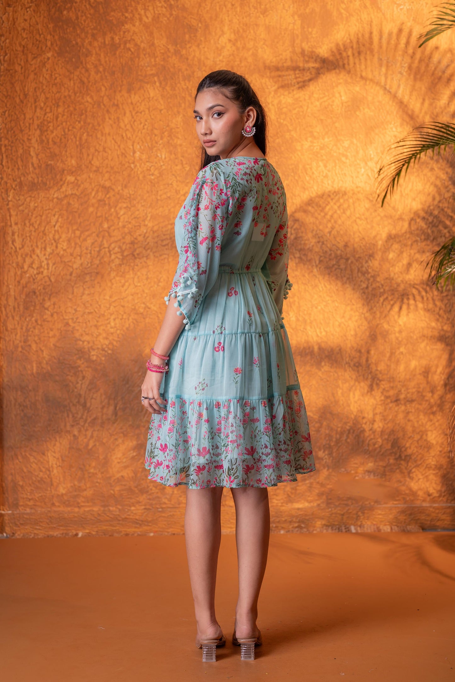Blue Floral Printed Tiered Short Dress