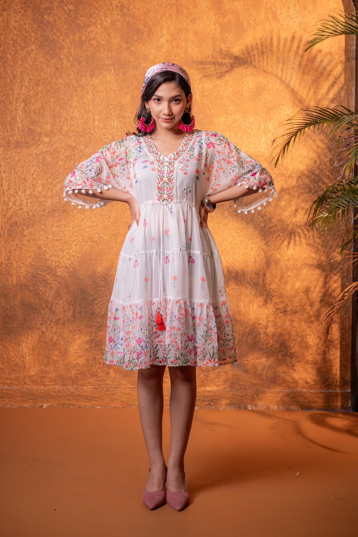 White Floral Printed Fit & Flare Short Dress