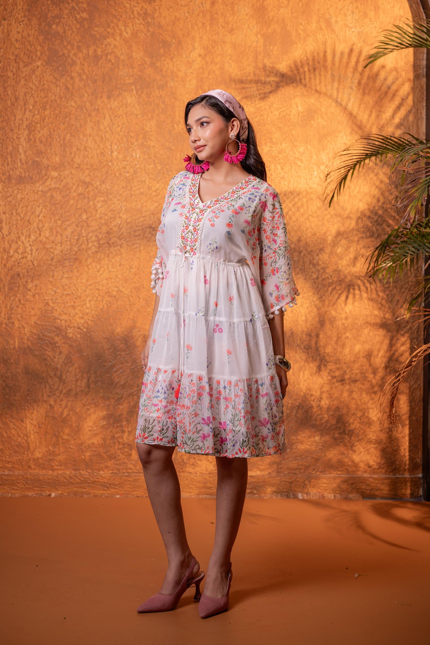 White Floral Printed Fit & Flare Short Dress