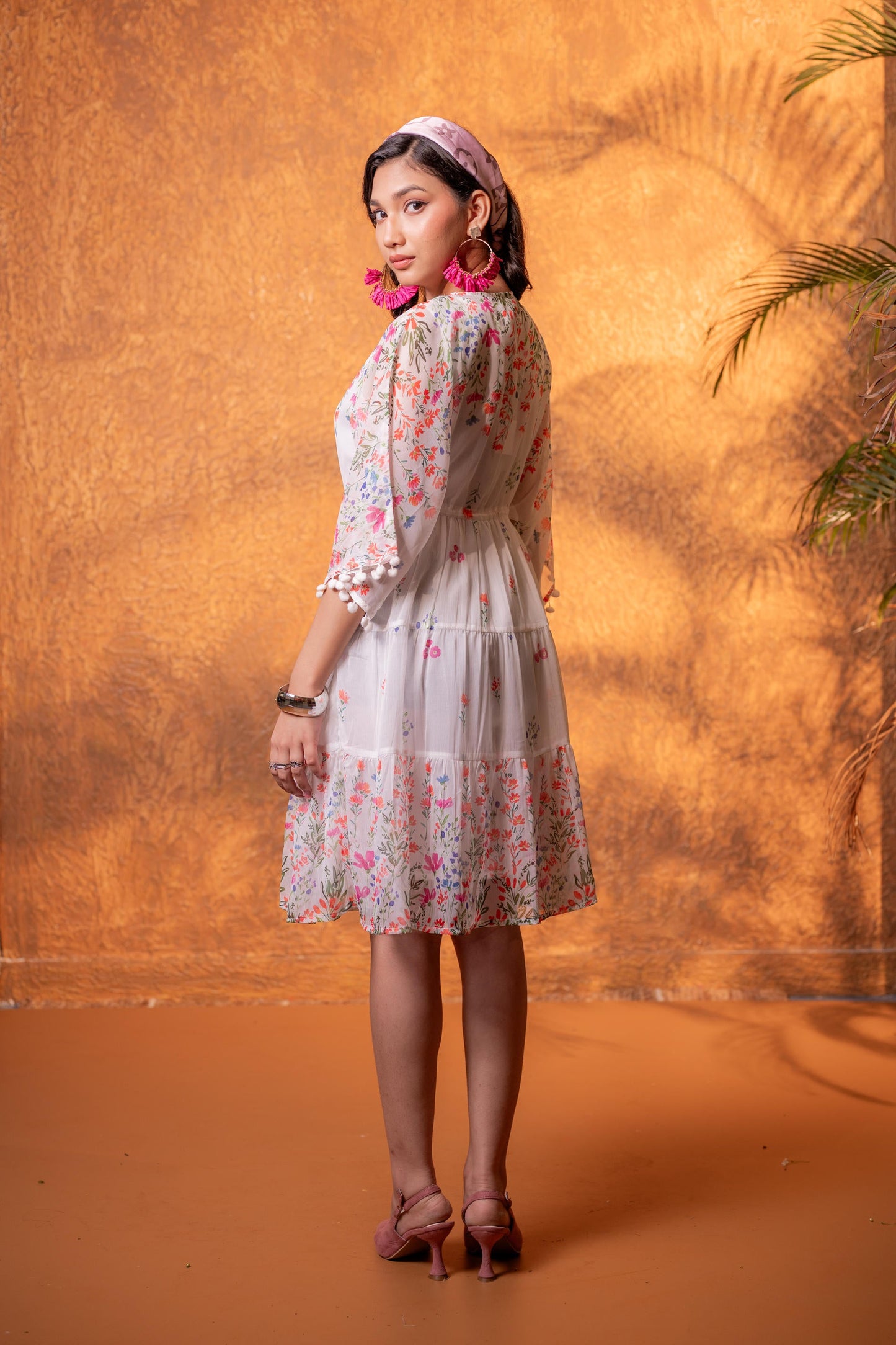White Floral Printed Fit & Flare Short Dress