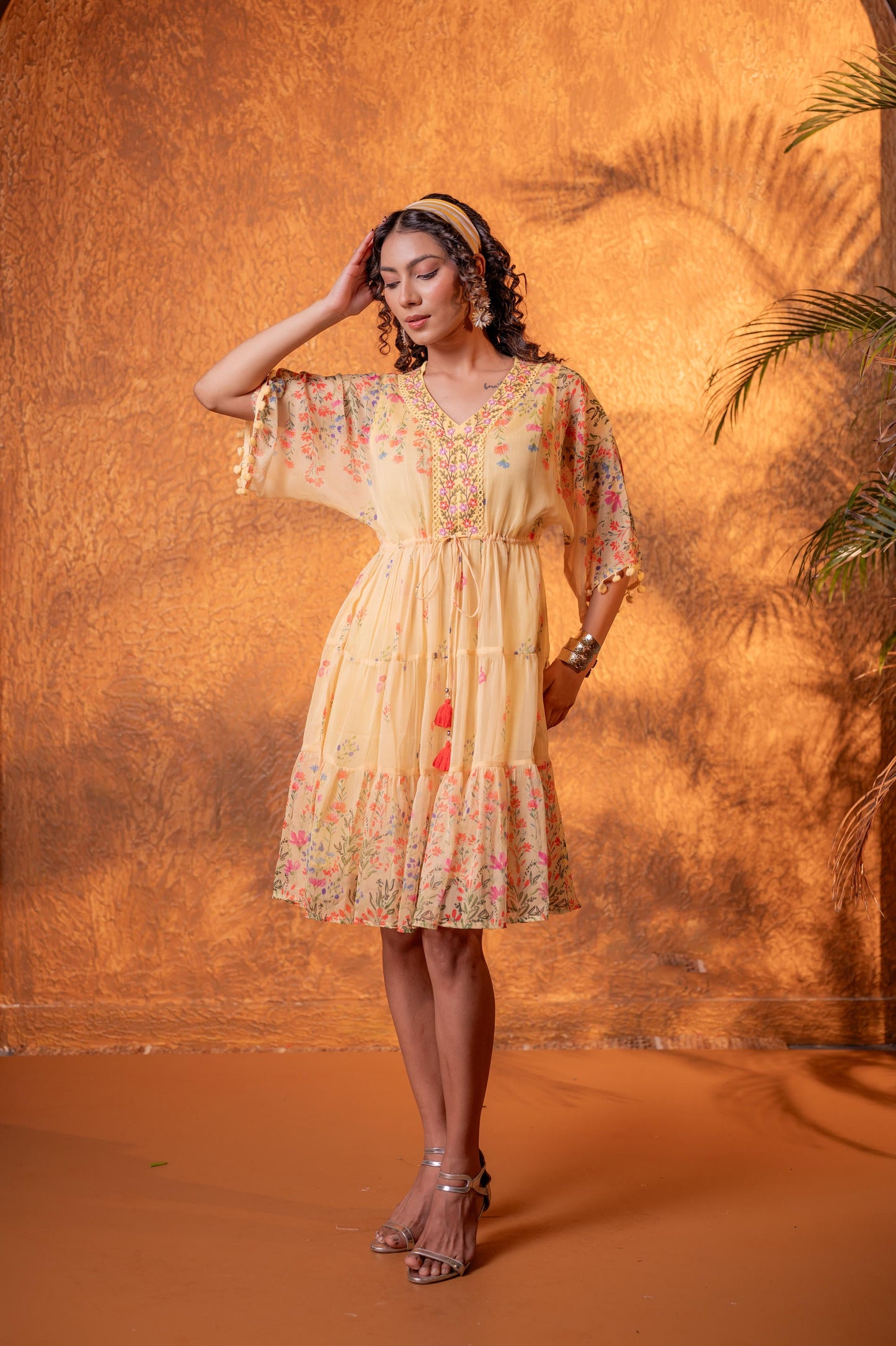 Yellow Floral Printed Tiered Short Dress