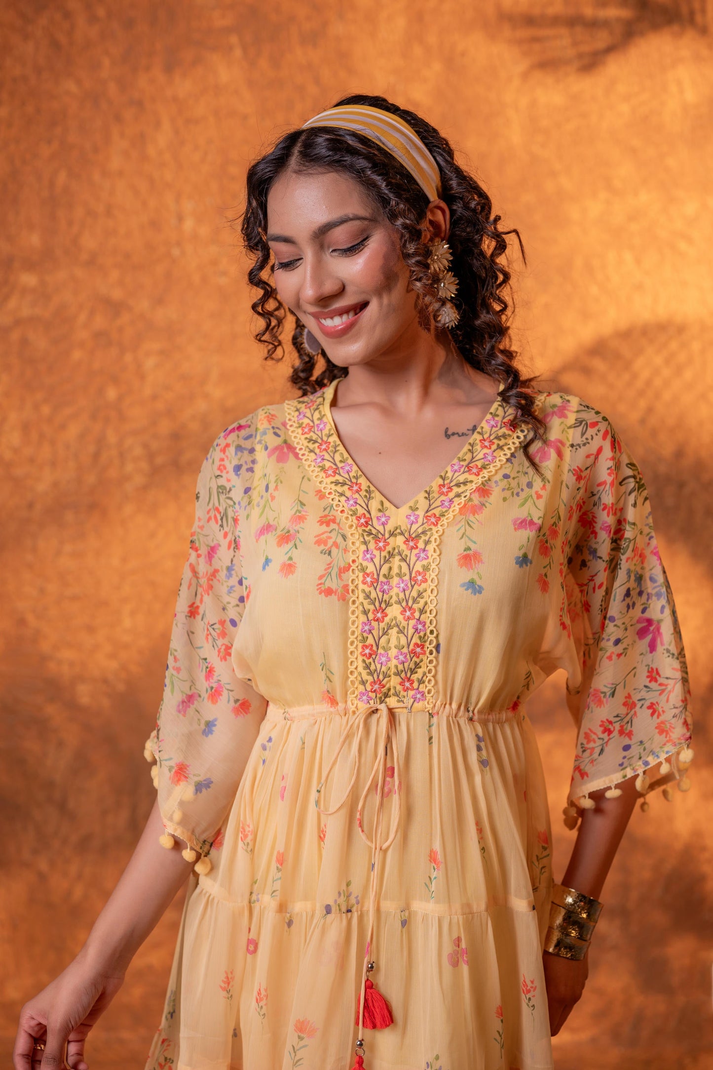 Yellow Floral Printed Tiered Short Dress