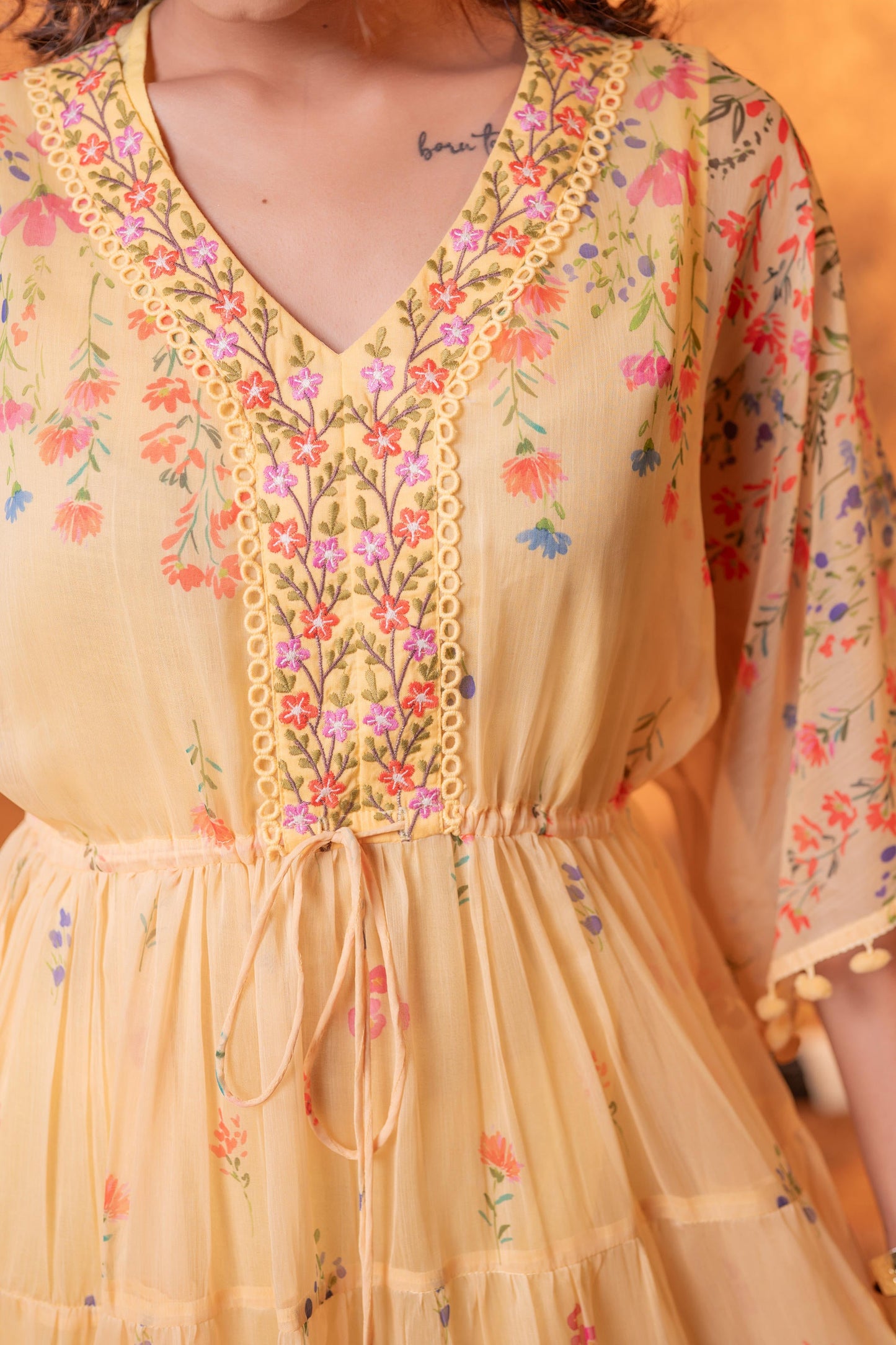 Yellow Floral Printed Tiered Short Dress