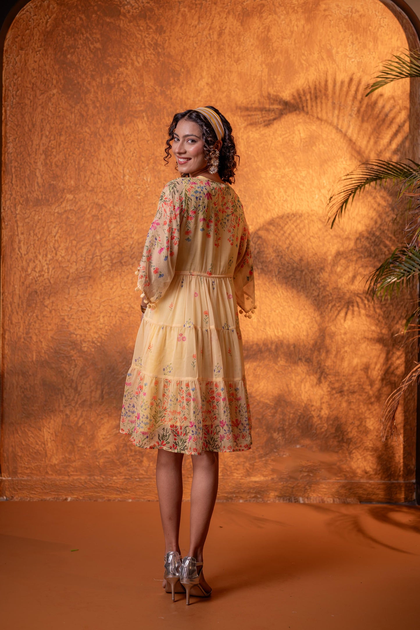 Yellow Floral Printed Tiered Short Dress