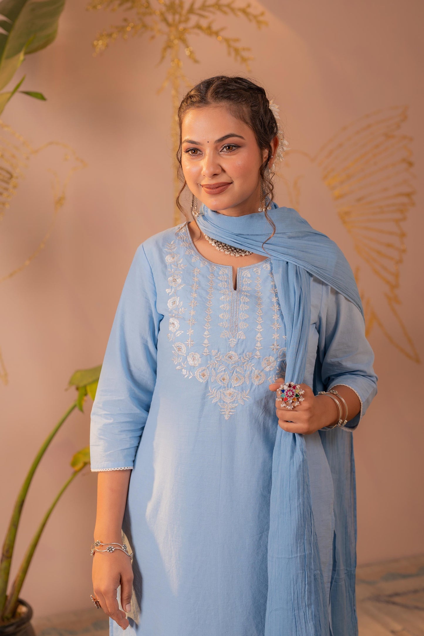 Blue Embroidered Cotton Kurta Pant Set