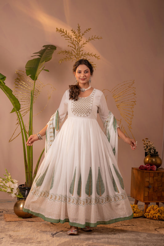 White & Green Leaf Printed Anarkali Dress Set