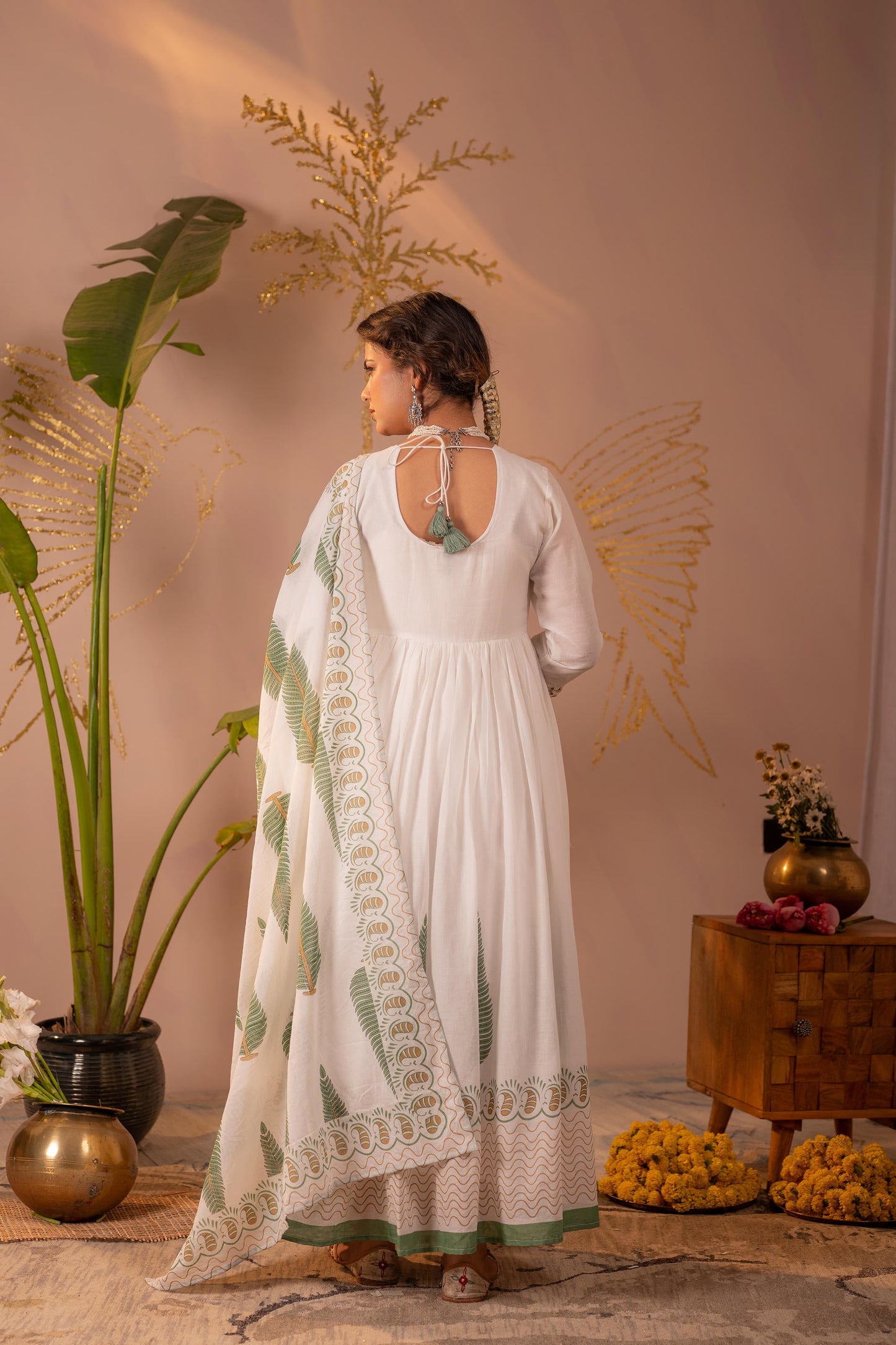 White & Green Leaf Printed Anarkali Dress Set