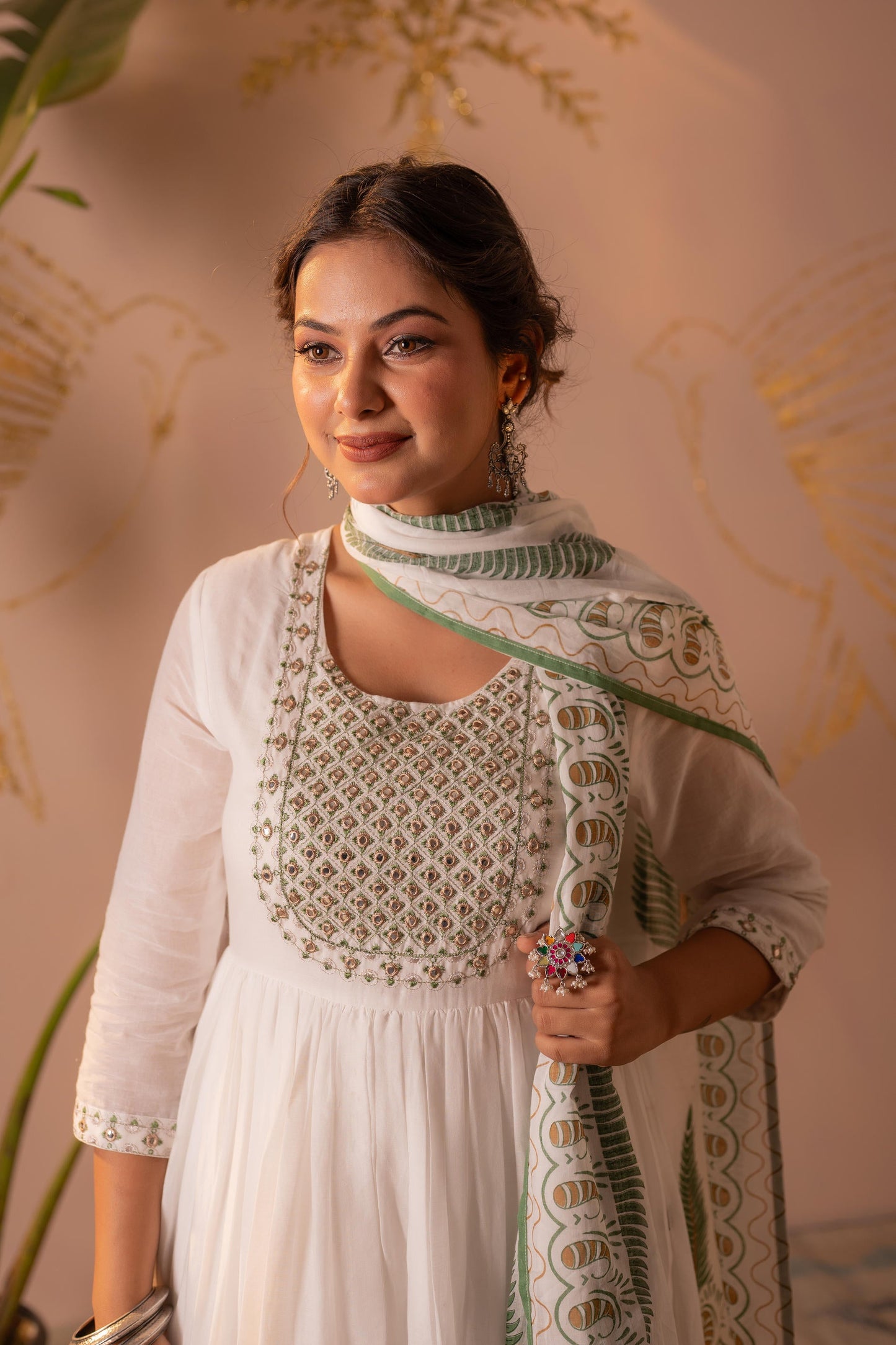 White & Green Leaf Printed Anarkali Dress Set