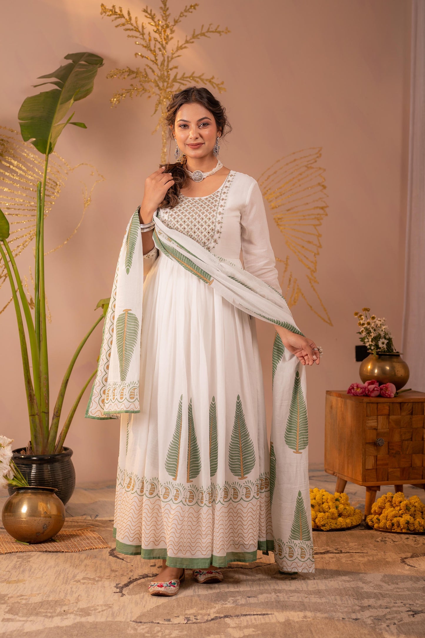 White & Green Leaf Printed Anarkali Dress Set