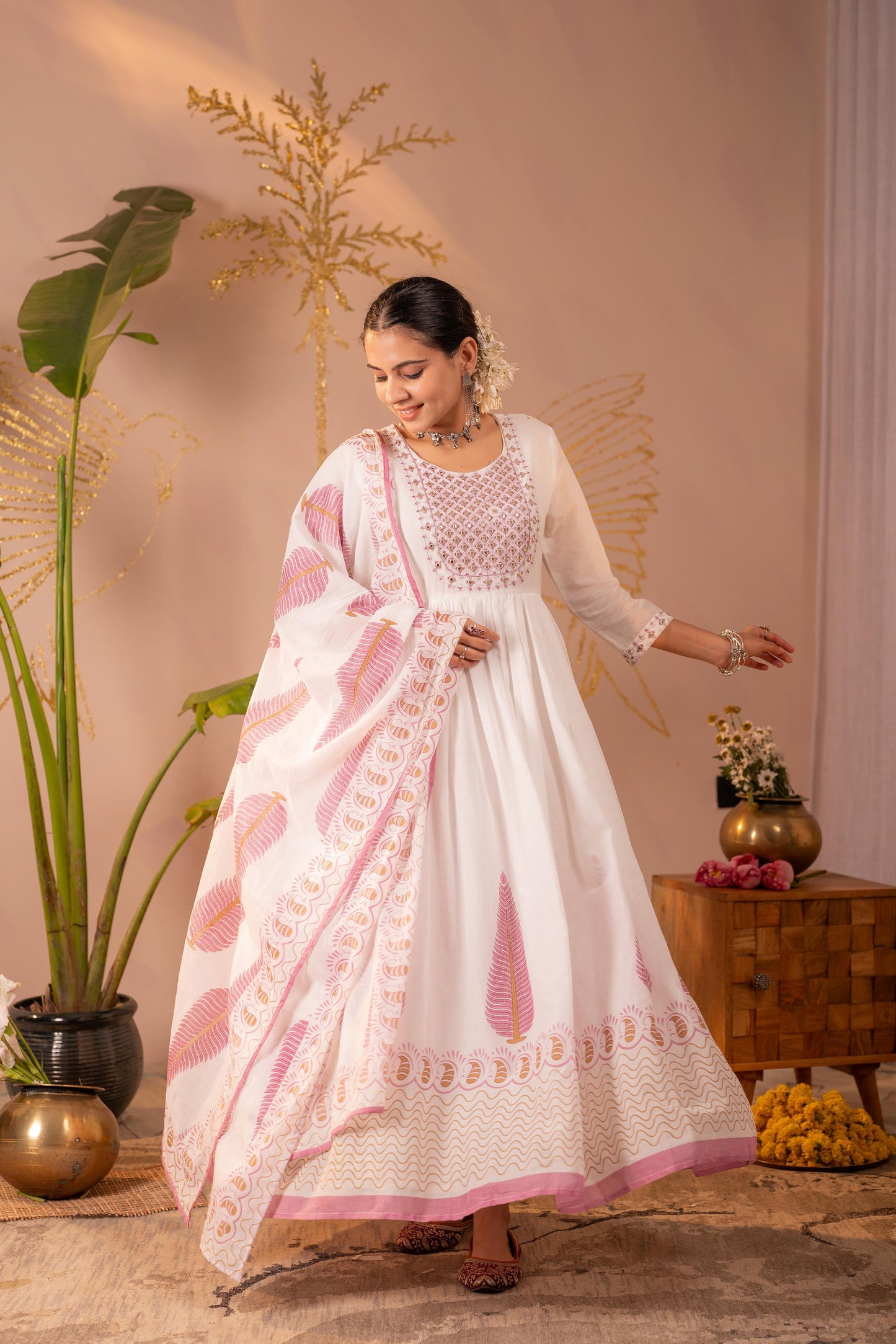 White & Purple Floral Printed Anarkali Dress Set