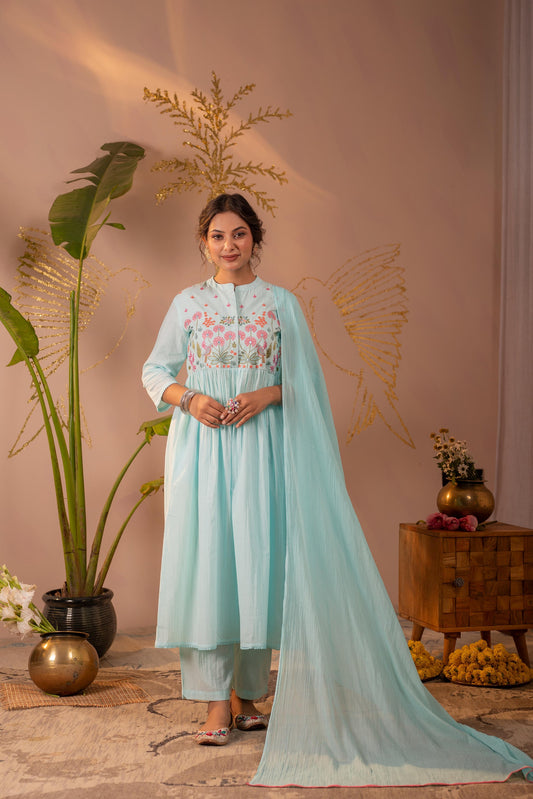 Sky Blue Embroidered A-Line Gathered Kurta Set with Dupatta