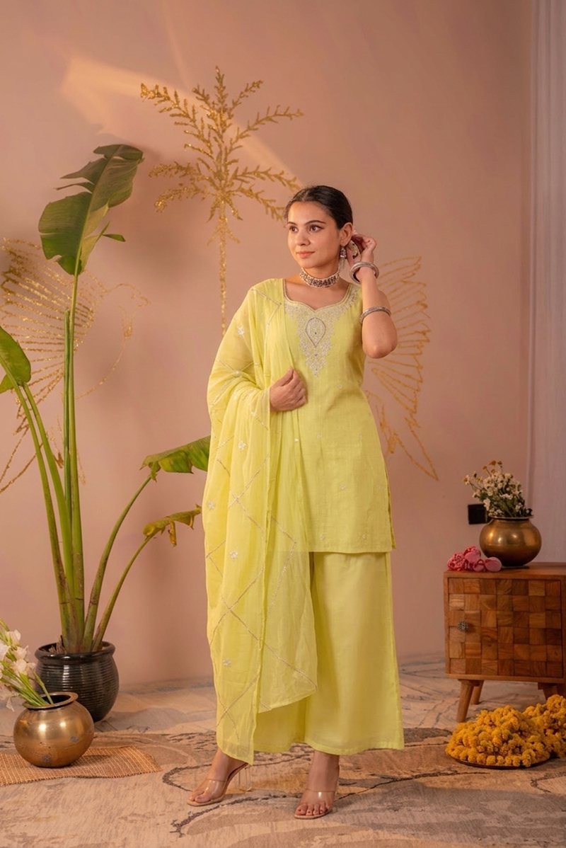Light Yellow Embroidered Cotton Kurta Sharara Set