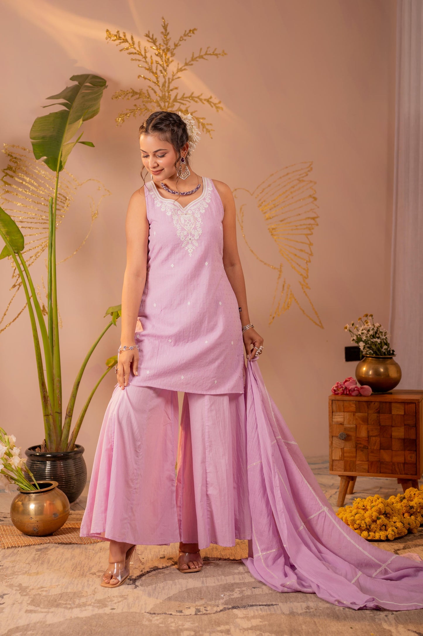 Lavender Embroidered Cotton Kurta Sharara Set